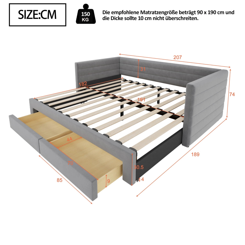 Divano letto 3 in 1 imbottito estraibile 90x190 cm in cotone e lino grigio; con cassetti