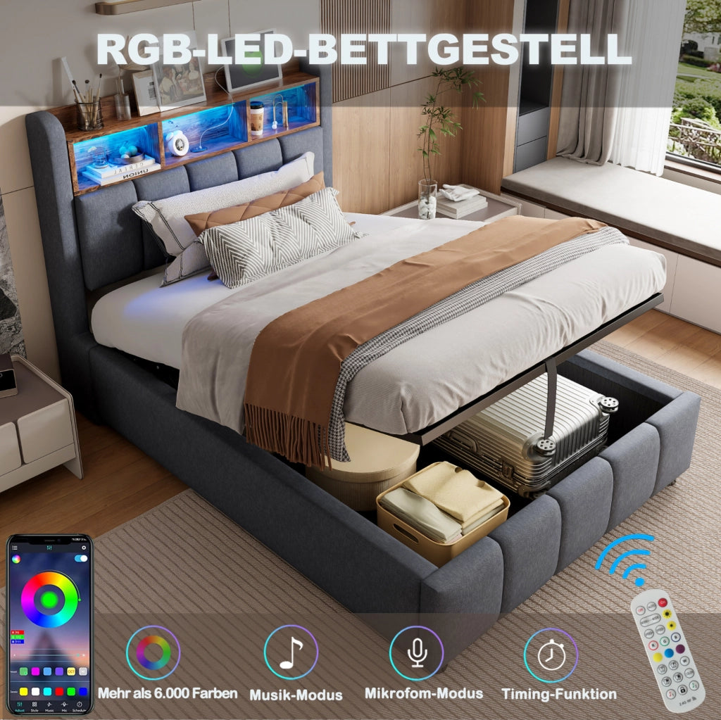 Letto imbottito con LED e porta USB Tipo C, contenitore idraulico 90x200 cm, grigio