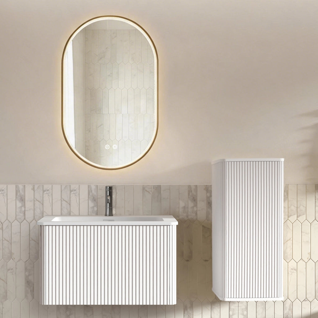 Set mobile bagno sospeso con lavabo, colonna laterale e specchio LED