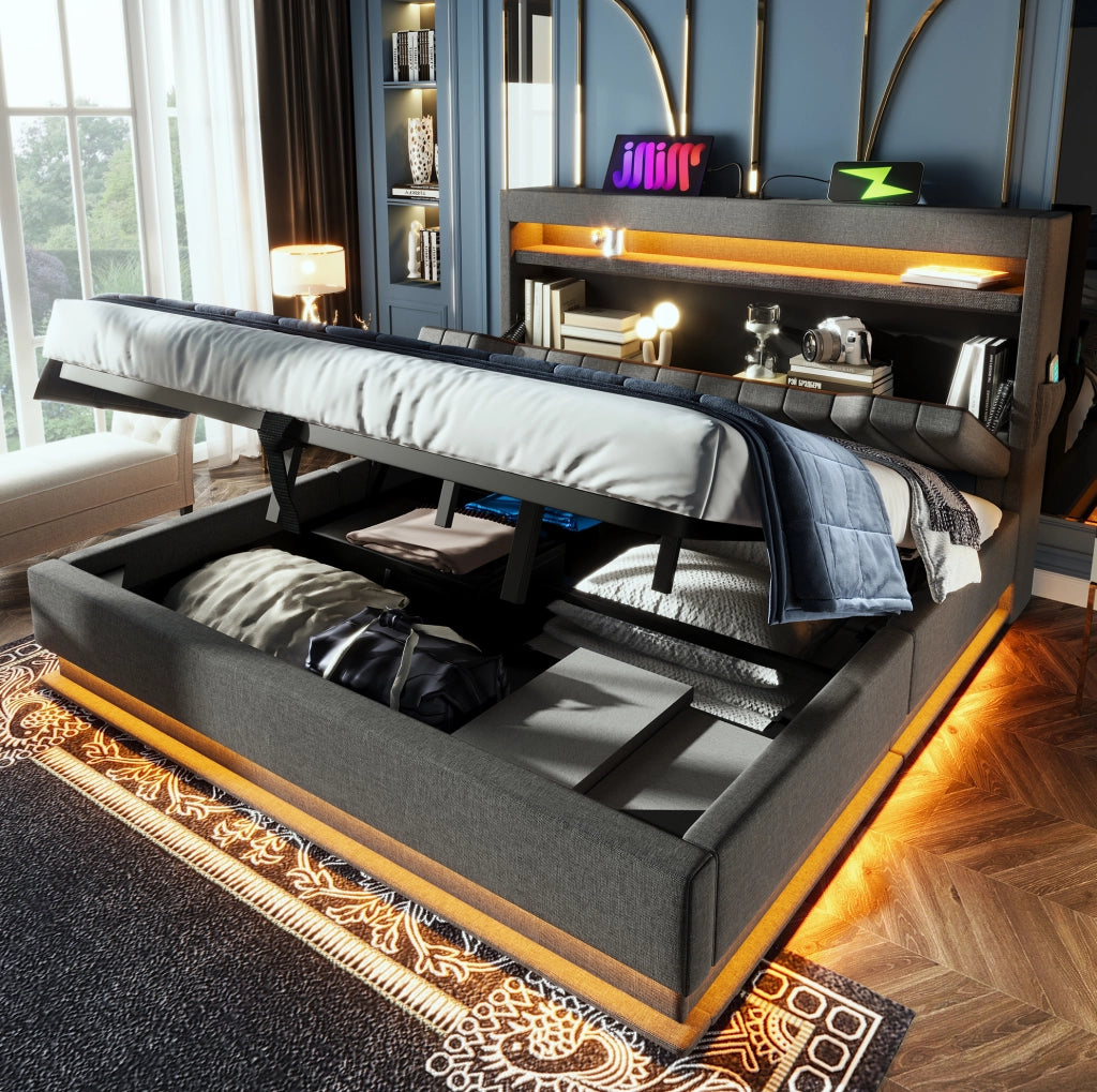 Letto contenitore 140 × 190 cm con LED; USB e USB-C; lino grigio
