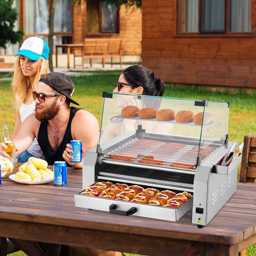 Hot Dog Grill Machine, 30 Hot Dogs, 11 Rollers, Stainless Steel, 2400 W, Electric Grill With Bun Warmer & Cover (Glass + PC) & 3 Temperature Controls & Side Storage Box & Oil Drip Tray