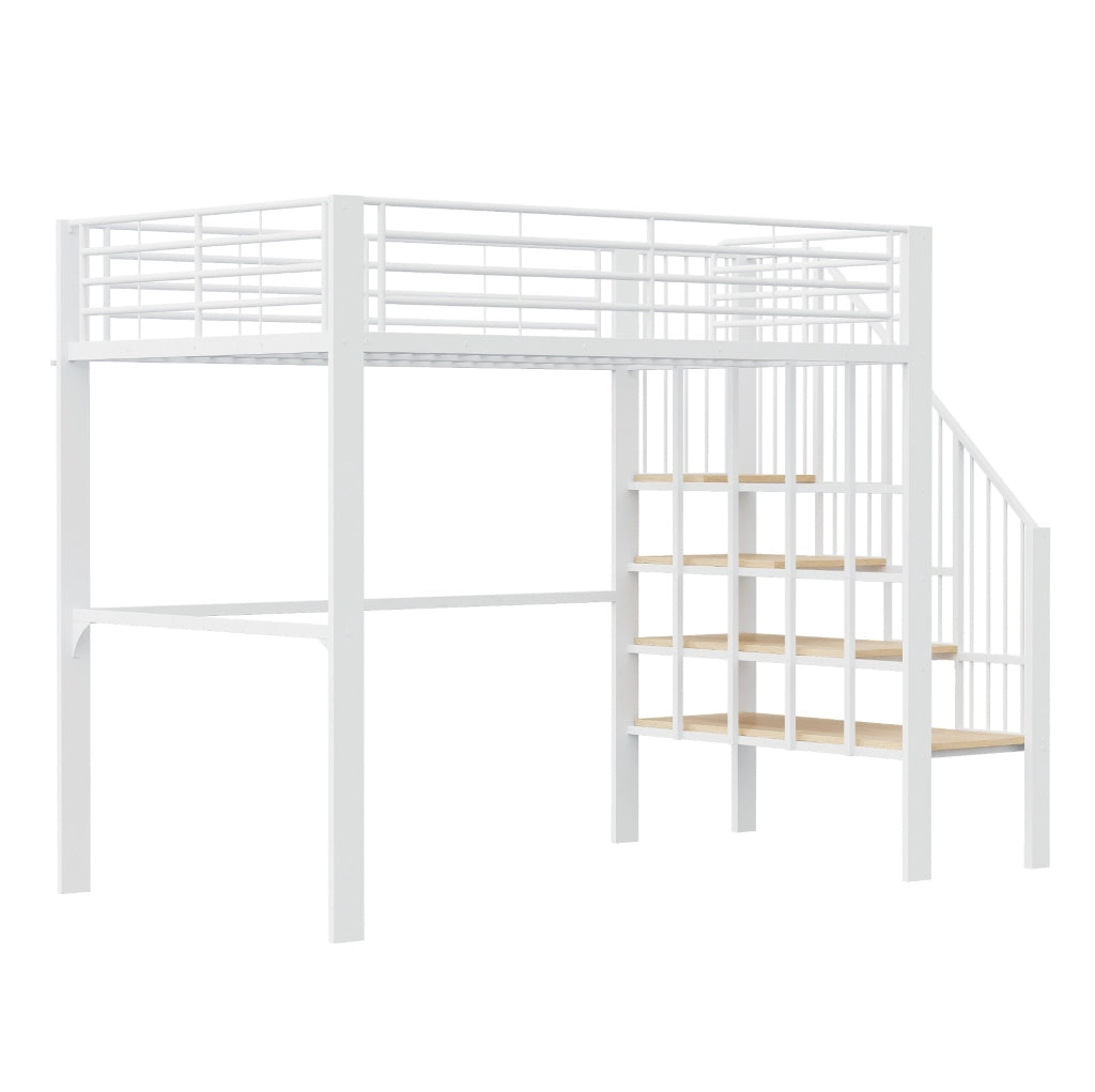LETTO a soppalco 140x200 cm in metallo e legno bianco con scala