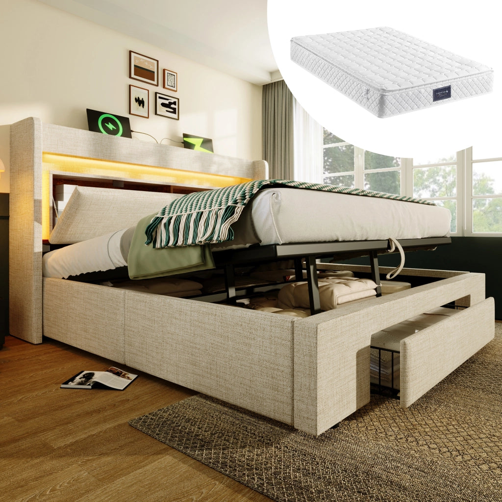 Letto contenitore 160x200 cm beige con materasso e LED
