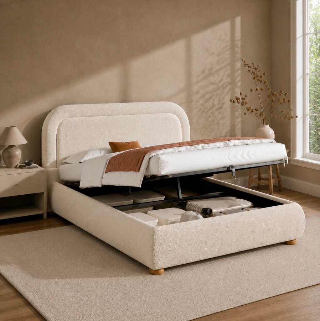 Letto imbottito con contenitore idraulico e rete a doghe; bouclé beige; 216 × 157 × 97 cm