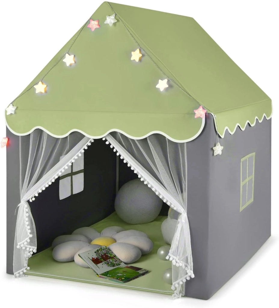 Tenda da Gioco per Bambini, Tenda Castello con Tappetino Lavabile, Luci a Forma di Stella, per Interno ed Esterno, 105 x 121 x 136 cm (Verde)