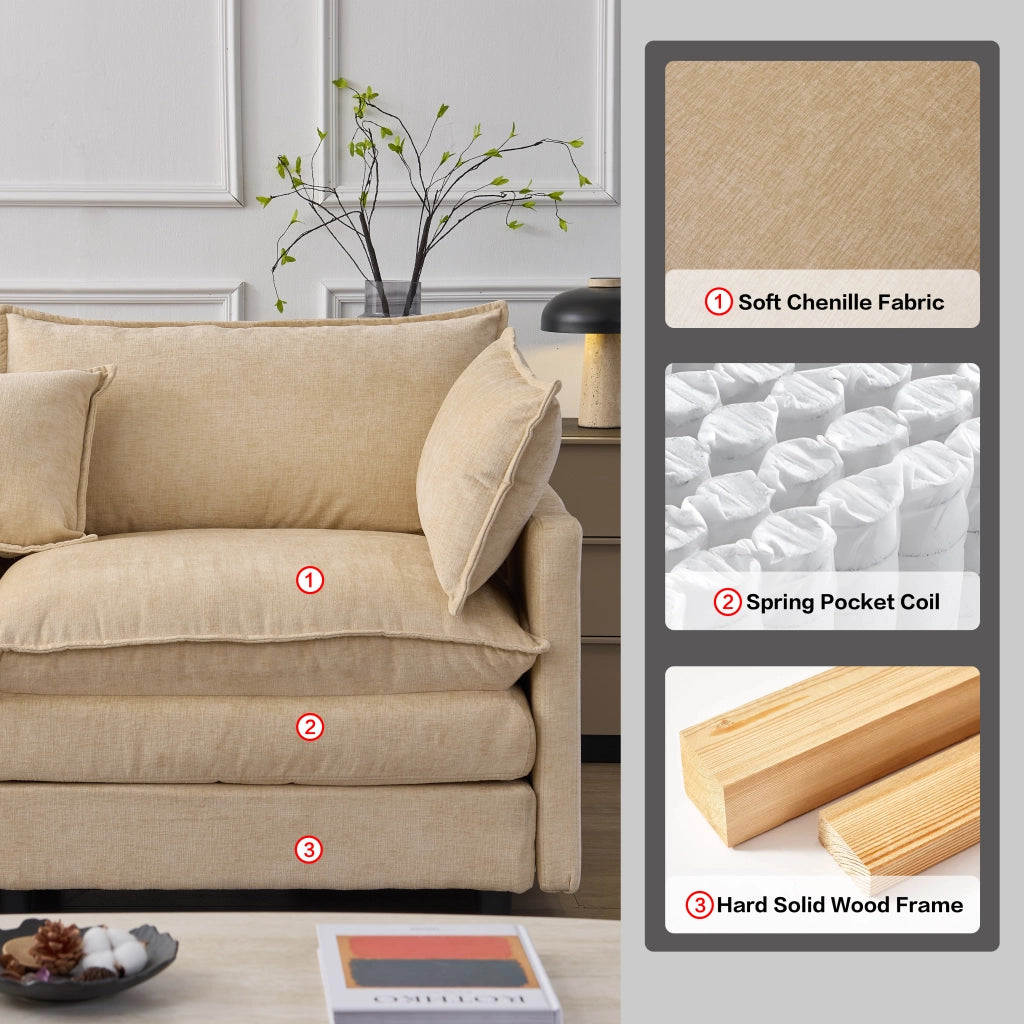 Divano Angolare Modulare 3 Posti con Chaise Longue e Pouf mobile, Cuscini inclusi, in Ciniglia Caffè Chiaro