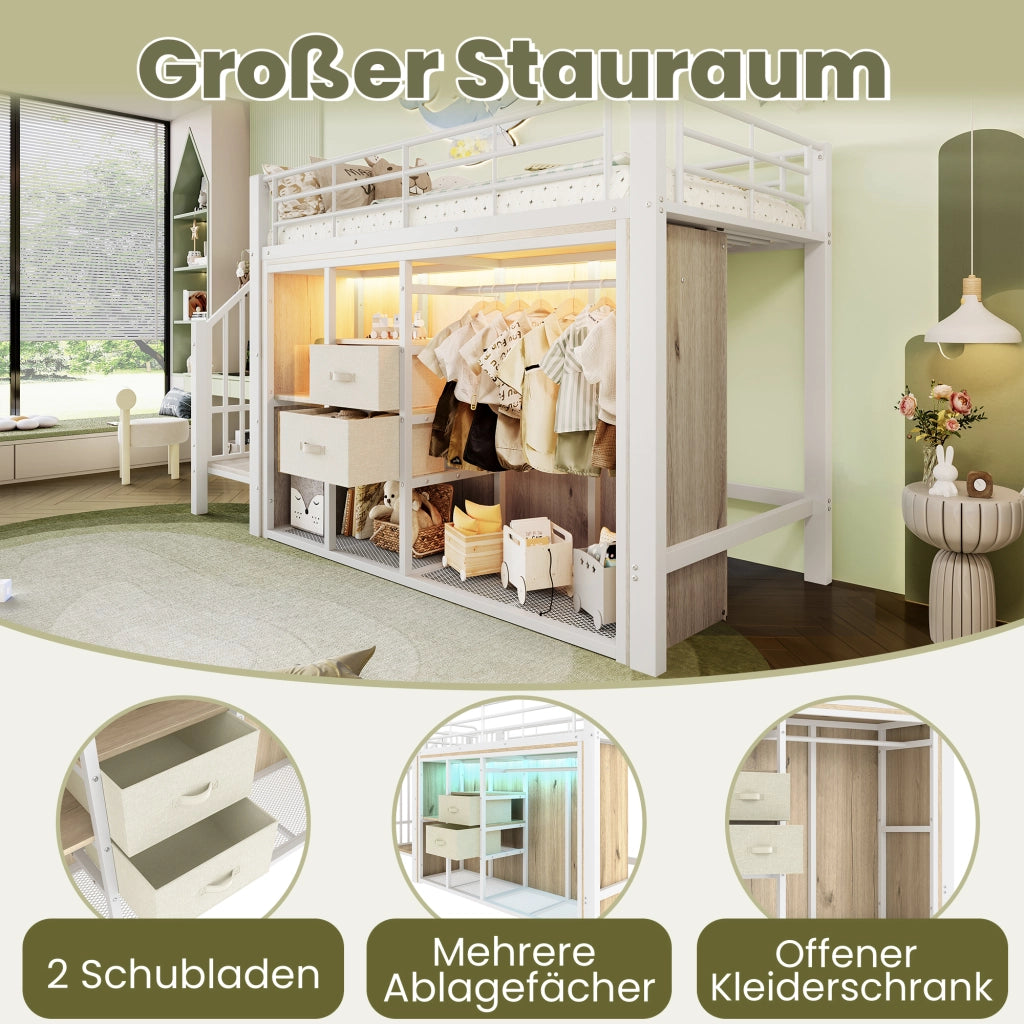 Letto a soppalco 90 × 200 cm con 2 cassetti LED multicolore metallo e MDF bianco
