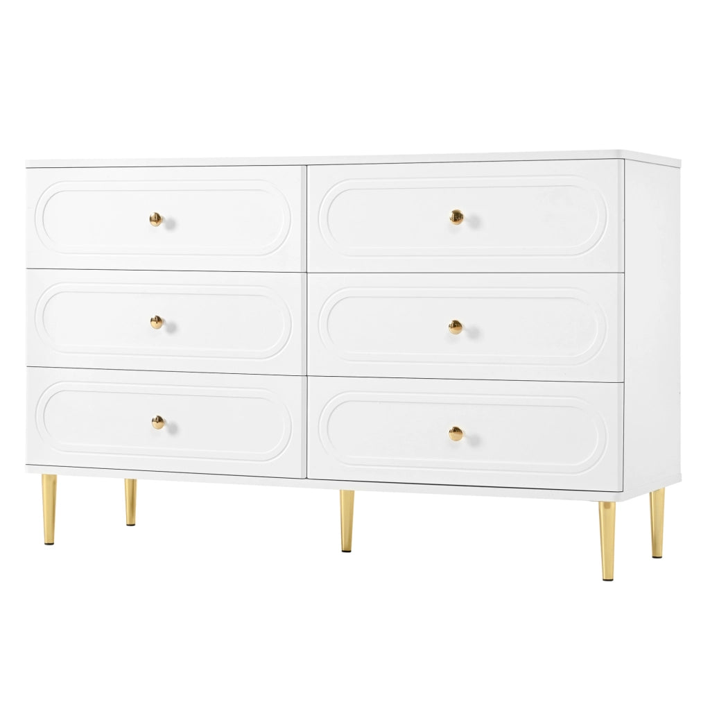 Sideboard bianco con 6 cassetti, design moderno con intagli ovali e gambe in metallo, mobile contenitore per soggiorno