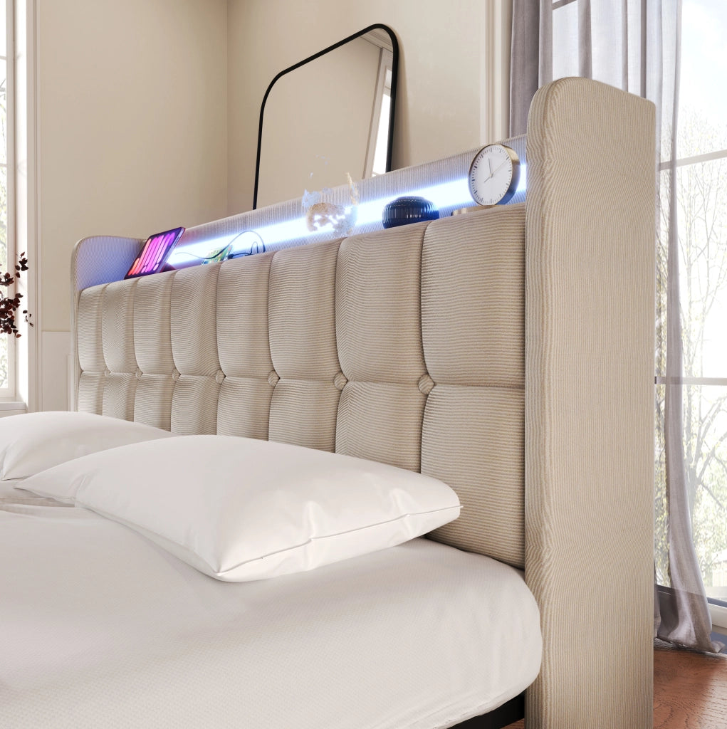 Letto singolo imbottito 90x200 cm con USB; prese; LED e 2 cassetti; beige