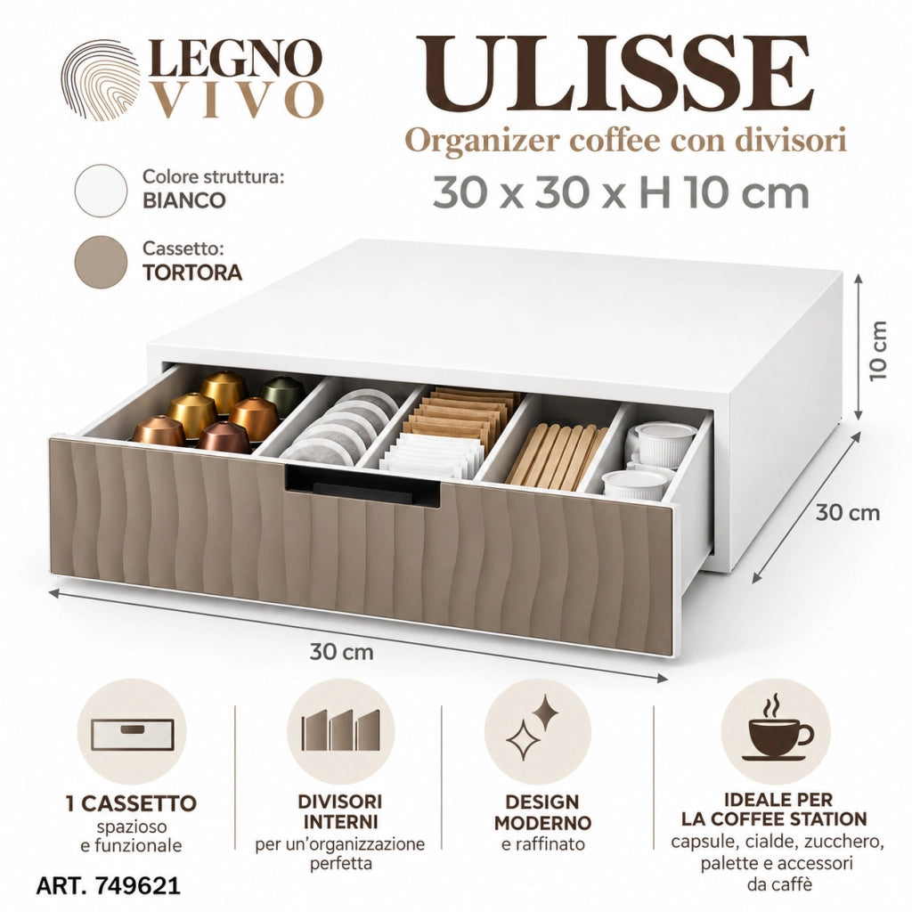 ORGANIZER CAFFE CAPSULE CIALDE CASSETTO DIVISORI 30X30 H10 BIANCO TORTORA 749621