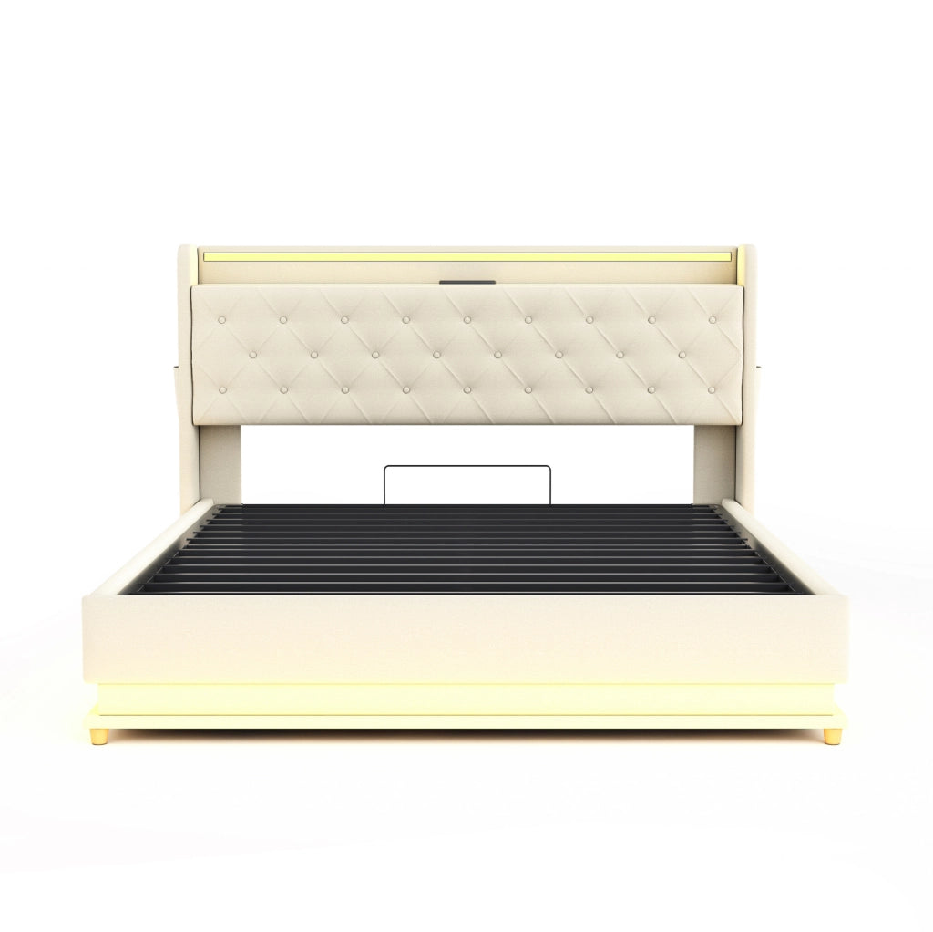 Letto imbottito LED 160x200 cm con USB e contenitore idraulico; beige