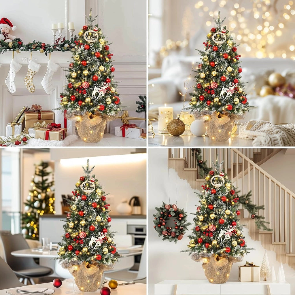 Mini Albero di Natale 90cm con 78 LED Bianco Caldo a Batteria e Base Rivestita in Juta