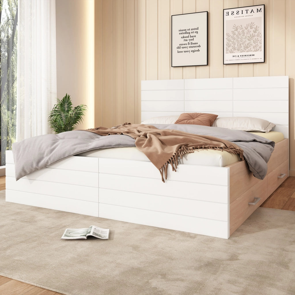 Letto 140 x 200 cm bianco e rovere chiaro con 2 cassetti