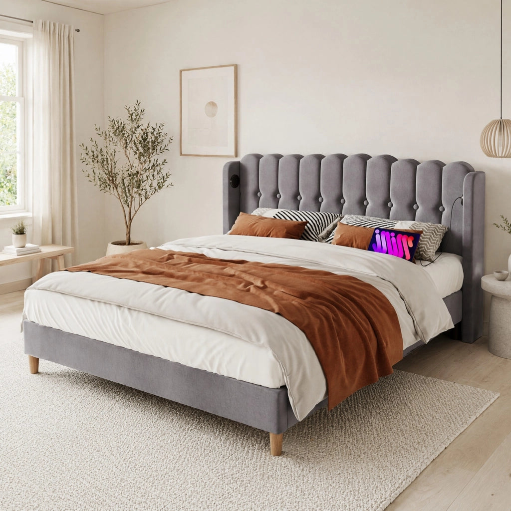 Letto imbottito grigio 180x200 cm con ricarica USB e Type-C