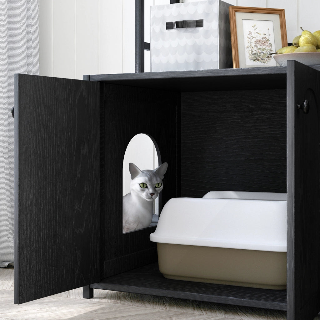 MOBILETTO LETTIERA per gatti con scaffali 3 livelli, nero, MDF e metallo