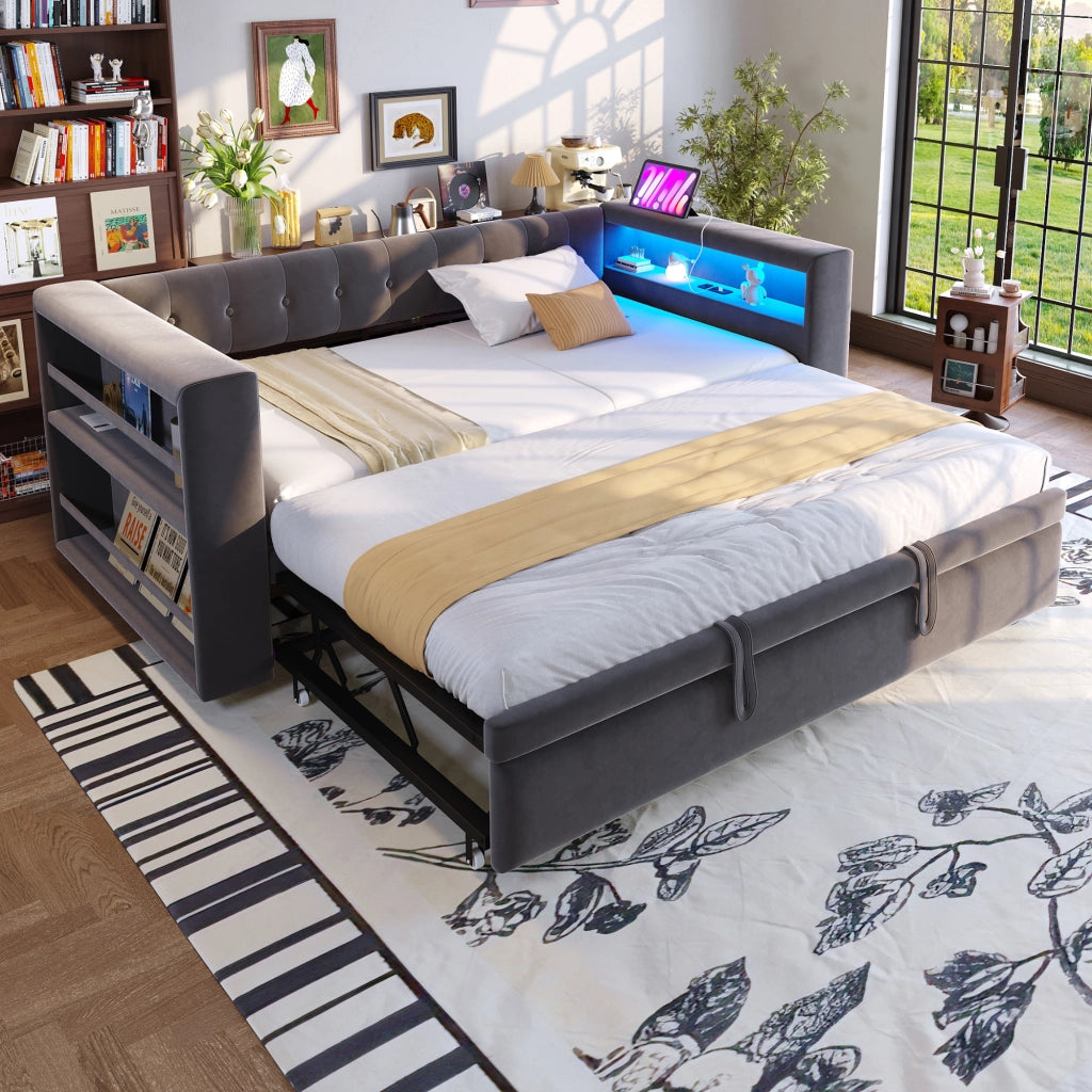 Letto multifunzione con LED prese e vani contenitore in flanella grigio scuro
