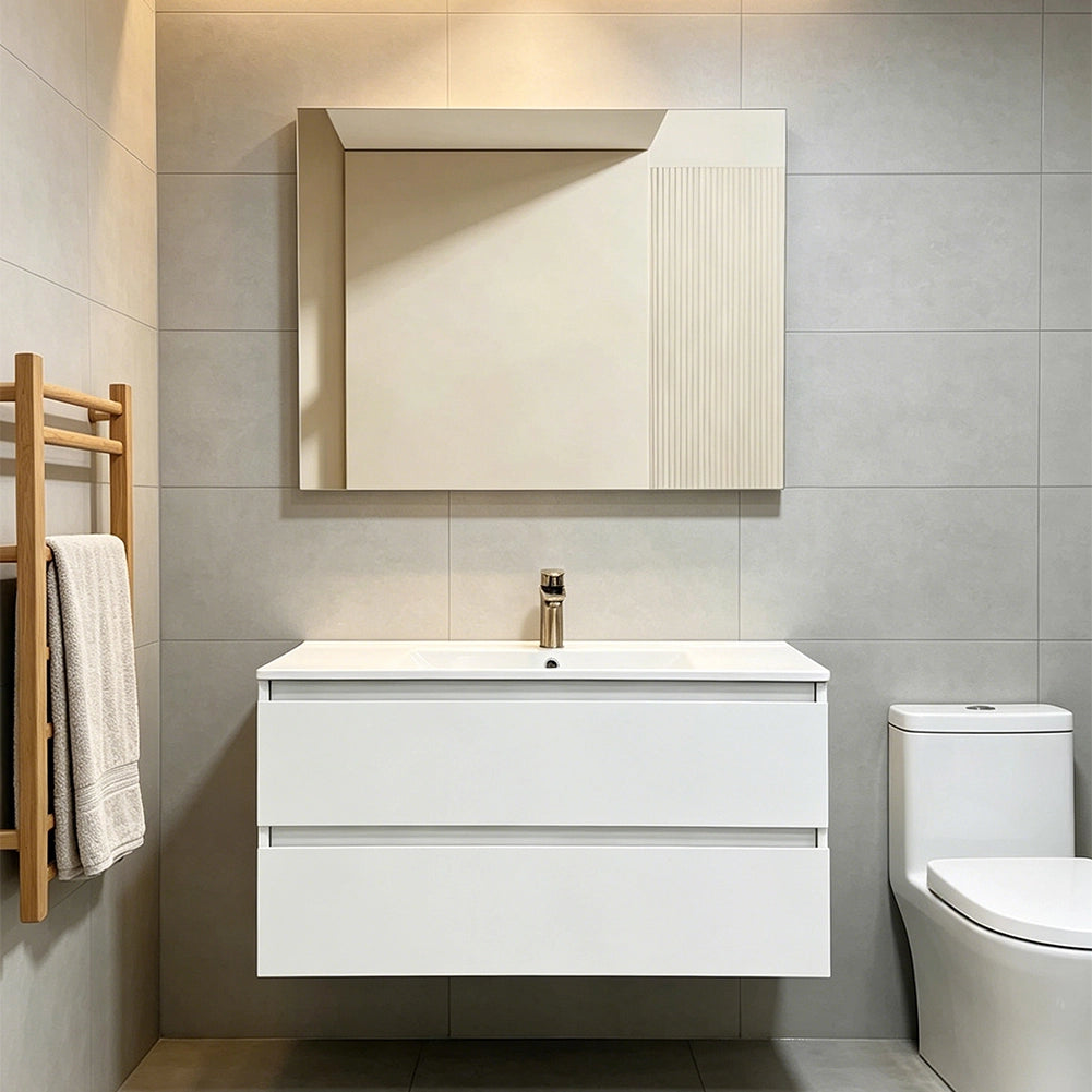 Mobile da Bagno Sospeso con Specchio e 2 Cassetti Otranto Larghezza 90cm Bianco