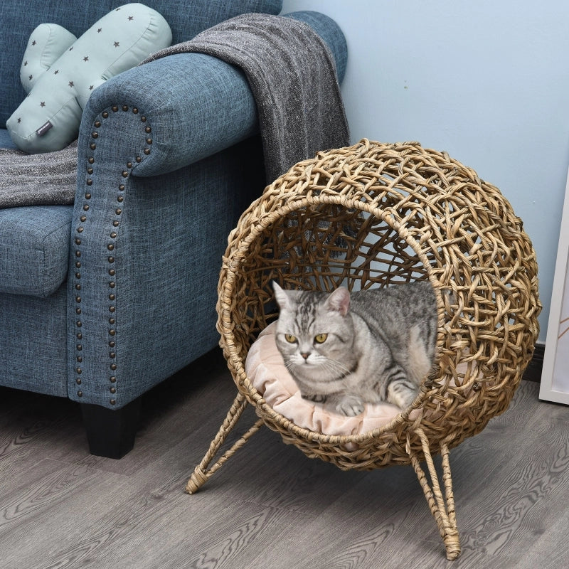 Cuccia per gatti rialzata in rattan sintetico marrone con cuscino morbido e struttura stabile