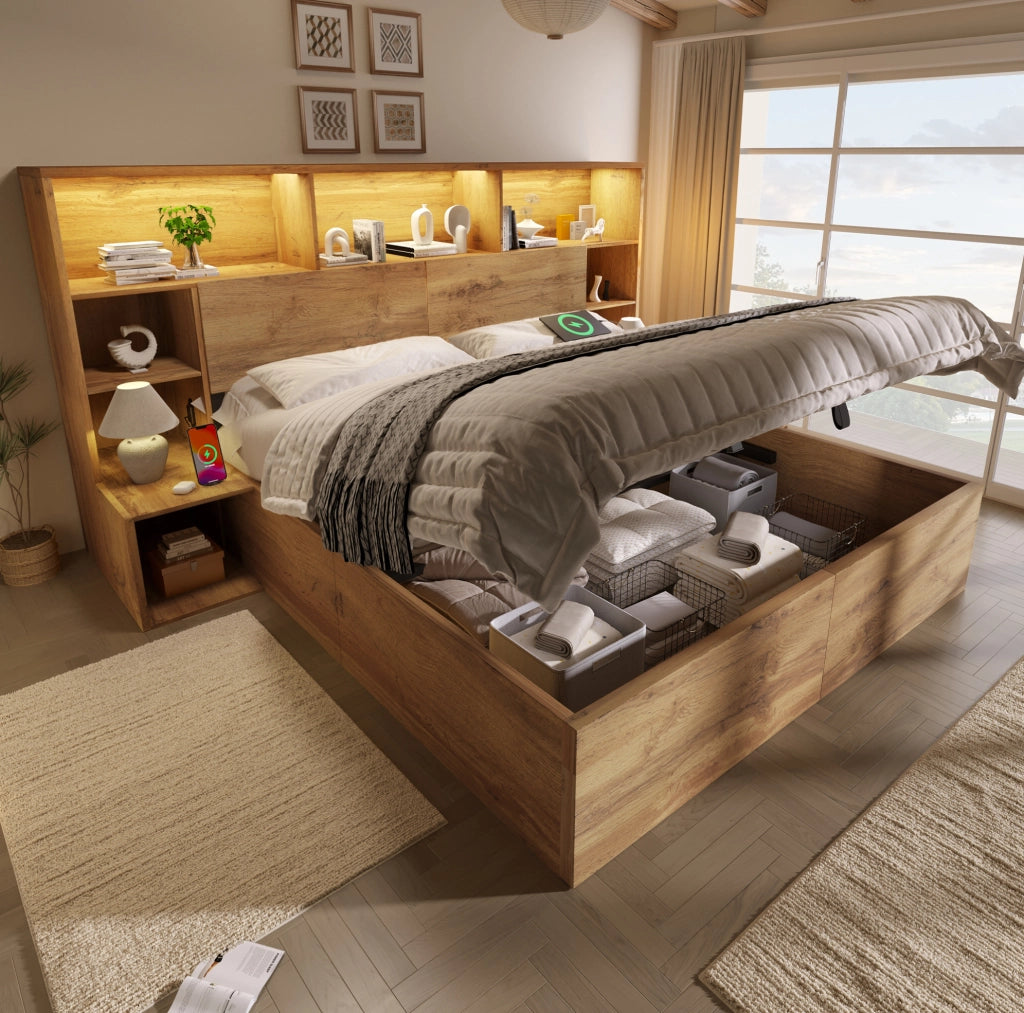 Letto matrimoniale contenitore 180x200 cm con comodini, LED e USB-C effetto rovere HAVRYA