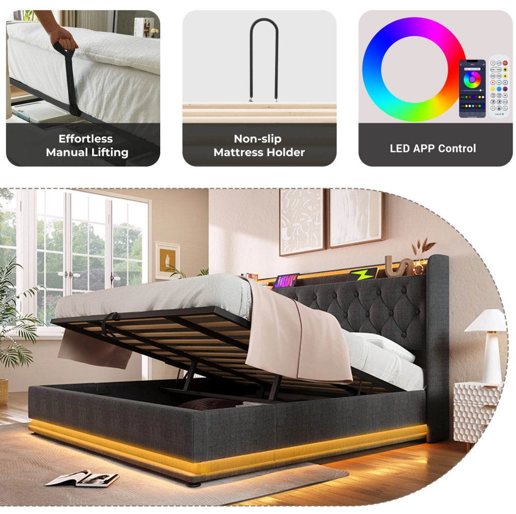 Letto Polsterato 140x200 cm con Illuminazione LED 360°, Tessuto di Lino Grigio, Testiera con Ricarica USB Tipo-C, Contenitore Idraulico (Senza Materasso)