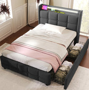Letto singolo imbottito 90x200 cm con USB, luci LED e 2 cassetti
