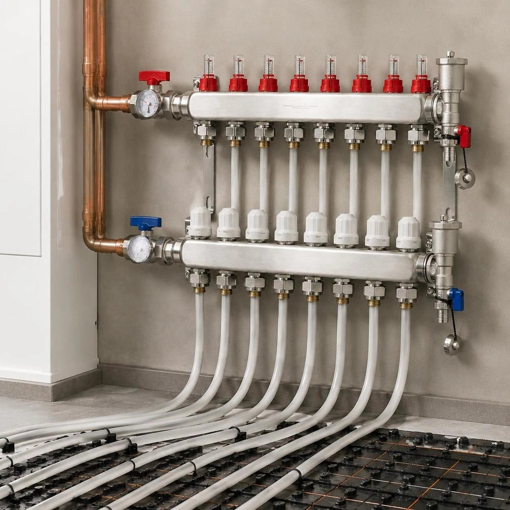 8-branch Heat Distribution Manifold, 1/2-inch PEX Pipe Manifold, Stainless Steel PEX Manifold For Hydronic Underfloor Heating, Heat Distribution PEX Manifold Set With 1/2-inch Adapters Included