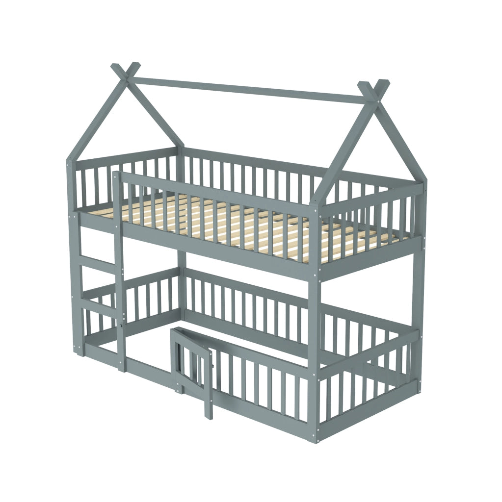 Letto a castello per bambini 90x200 cm con scala integrata e porta grigio