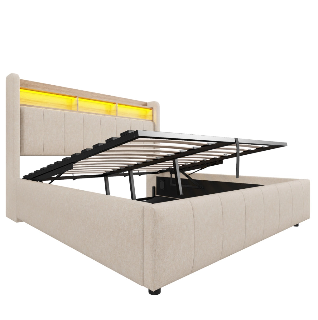 Letto imbottito 140x200 cm con LED, USB e contenitore idraulico
