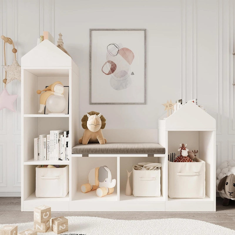 Libreria per Bambini a Casetta con Panca Seduta Lettura e Cuscino Mobile Portagiochi 121x30x108cm Bianco
