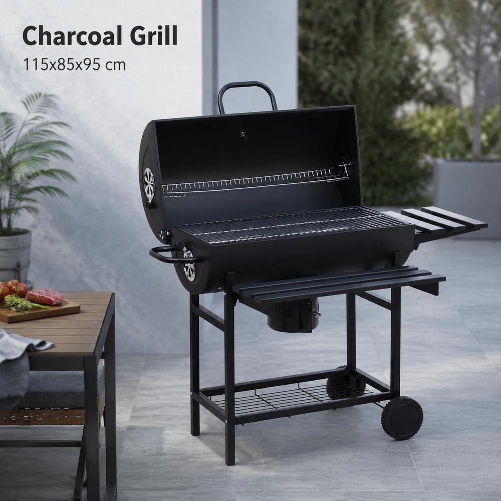 Grill Cart With Wheels And Shelves, Black Steel, 115x85x95 Cm