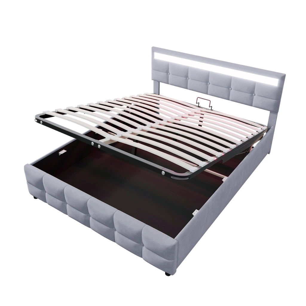 Letto Contenitore 180x200 cm; Sollevamento Idraulico; LED - in Velluto Grigio