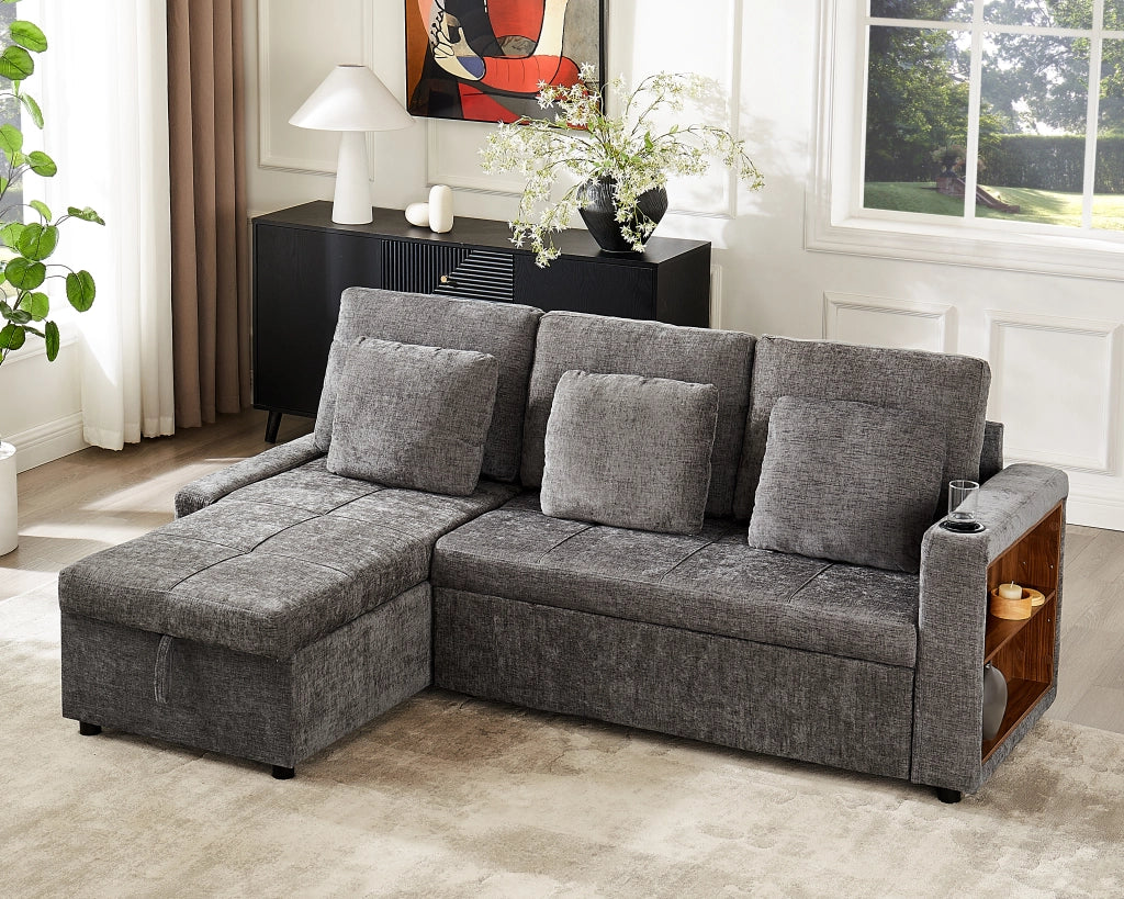 Divano letto 3 posti estraibile con récamiere contenitore portabicchieri tasche laterali in ciniglia grigio 201.3 × 126.1 × 86.1 cm