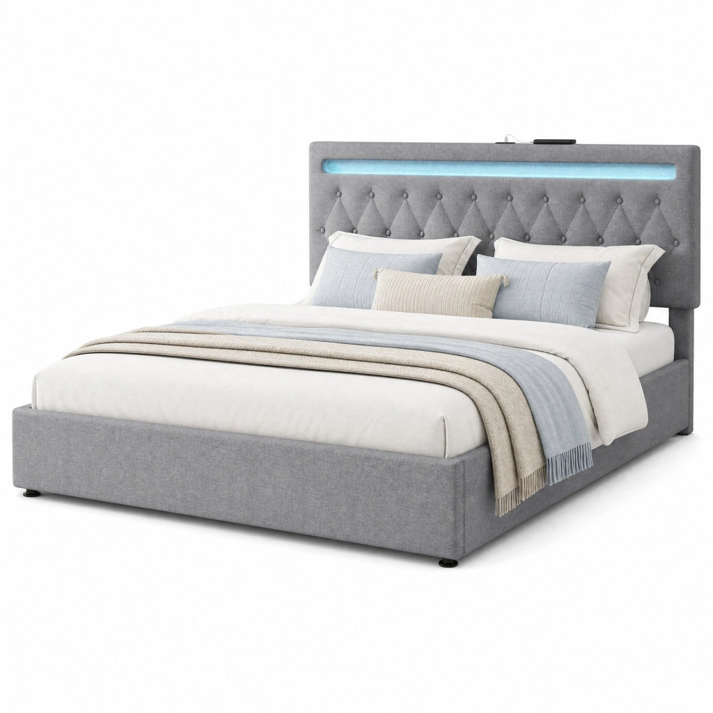 Letto imbottito 180x200 cm con contenitore, LED e porte USB