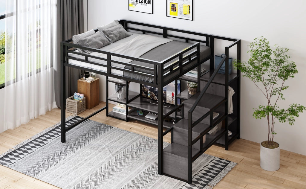 Letto mezzanino nero 140x200 mobile TV presa a presa scala sicura metallo + legno letto a castello con riporzione
