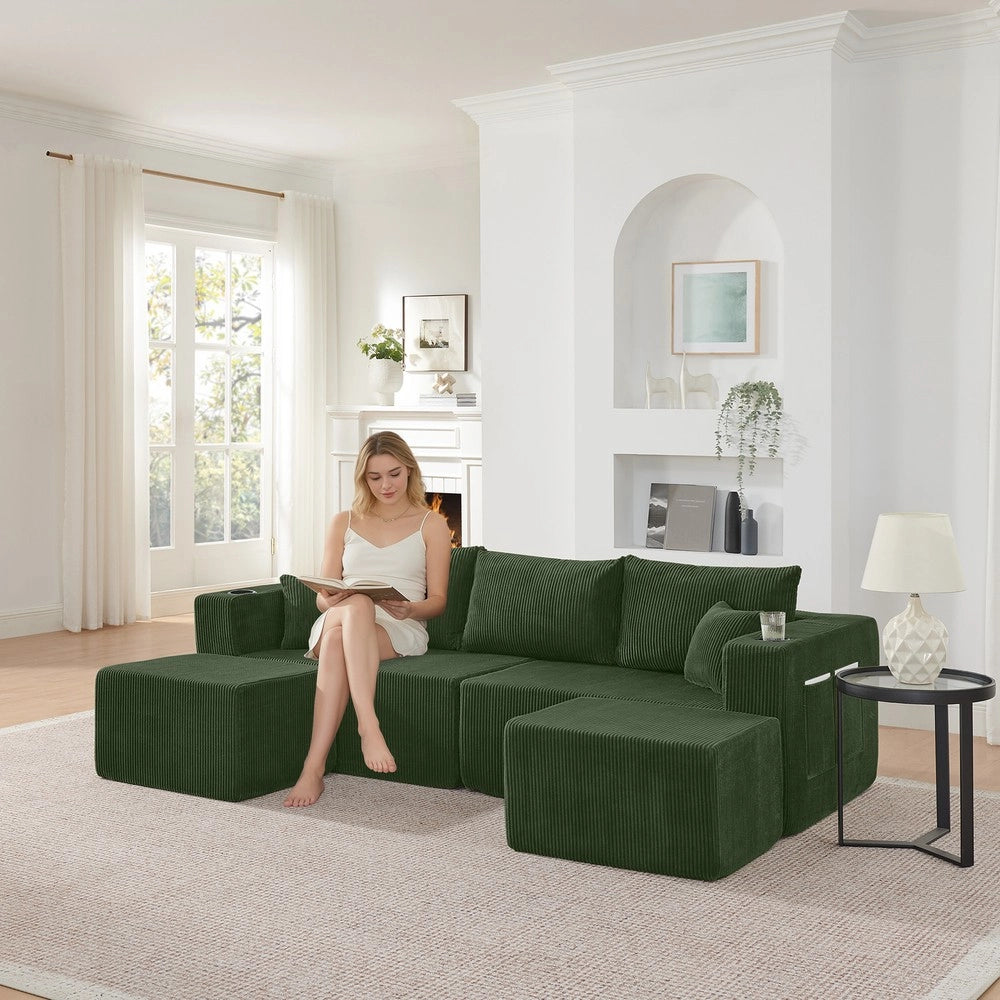 Divano angolare 3 posti ¨C Minimal ¨C velluto verde, con cuscini, porta bevande e tasche laterali