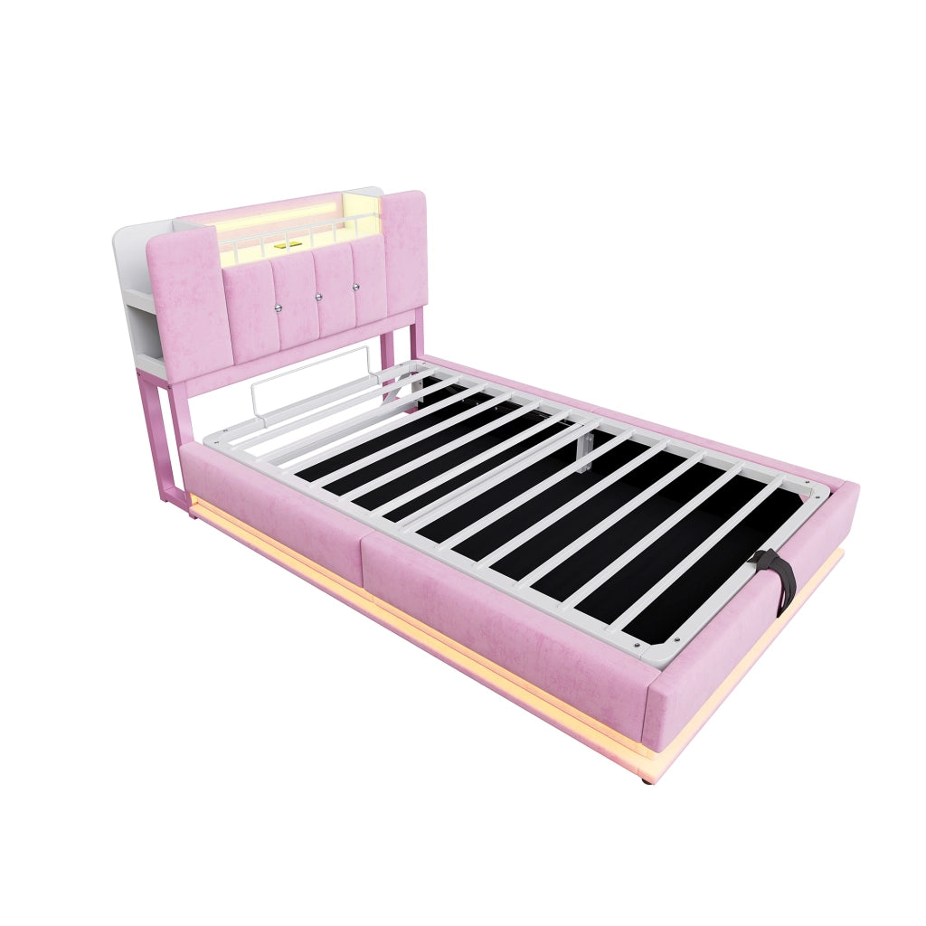 Letto imbottito per bambini 90×200 cm con LED; USB e contenitore idraulico; senza materasso; rosa