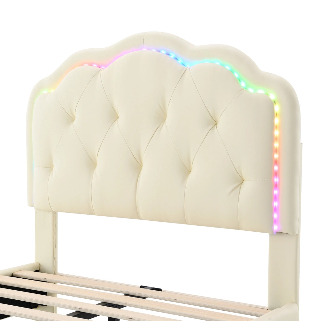 Letto imbottito singolo 90x200 cm con testiera ondulata in PU beige e strisce LED multicolore