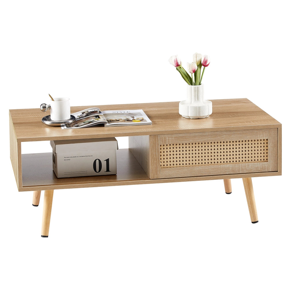 Tavolino 105x55x41,5 cm MDF finitura naturale anta scorrevole effetto rattan
