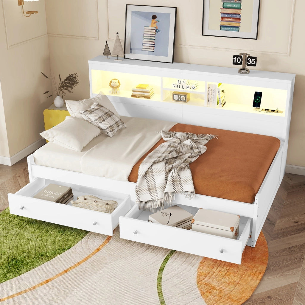 Daybed con 2 USB, LED, 2 cassetti e doghe, 90x200 cm, bianco