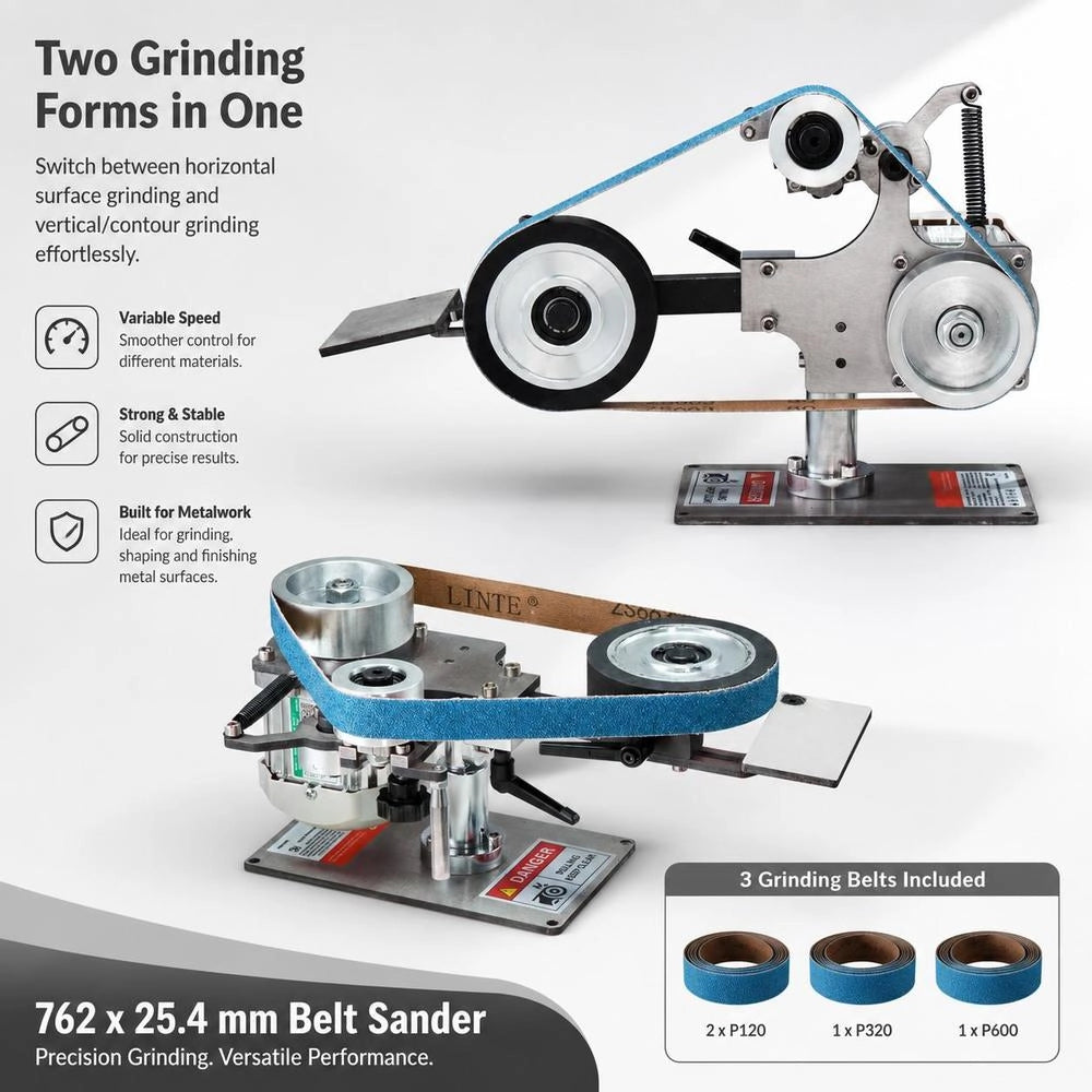 Belt Sander, 762x25.4mm Belt Polisher With Variable Speed And VFD, 550 W Polishing And Grinding Machine With 2 Grinding Shapes And 3 Grinding Belts For Metalworking, Knife Making