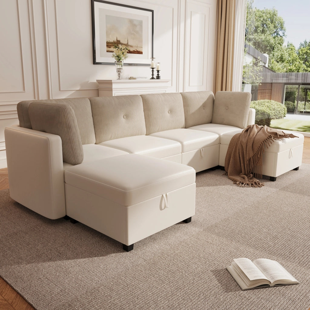 Divano Modulare a U con Contenitore; Beige