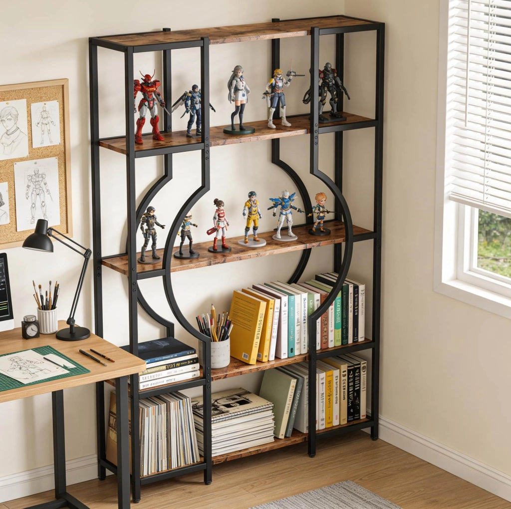 Libreria a 5 Ripiani in MDF Effetto Legno e Metallo Nero Marrone Rustico - per Soggiorno e Studio