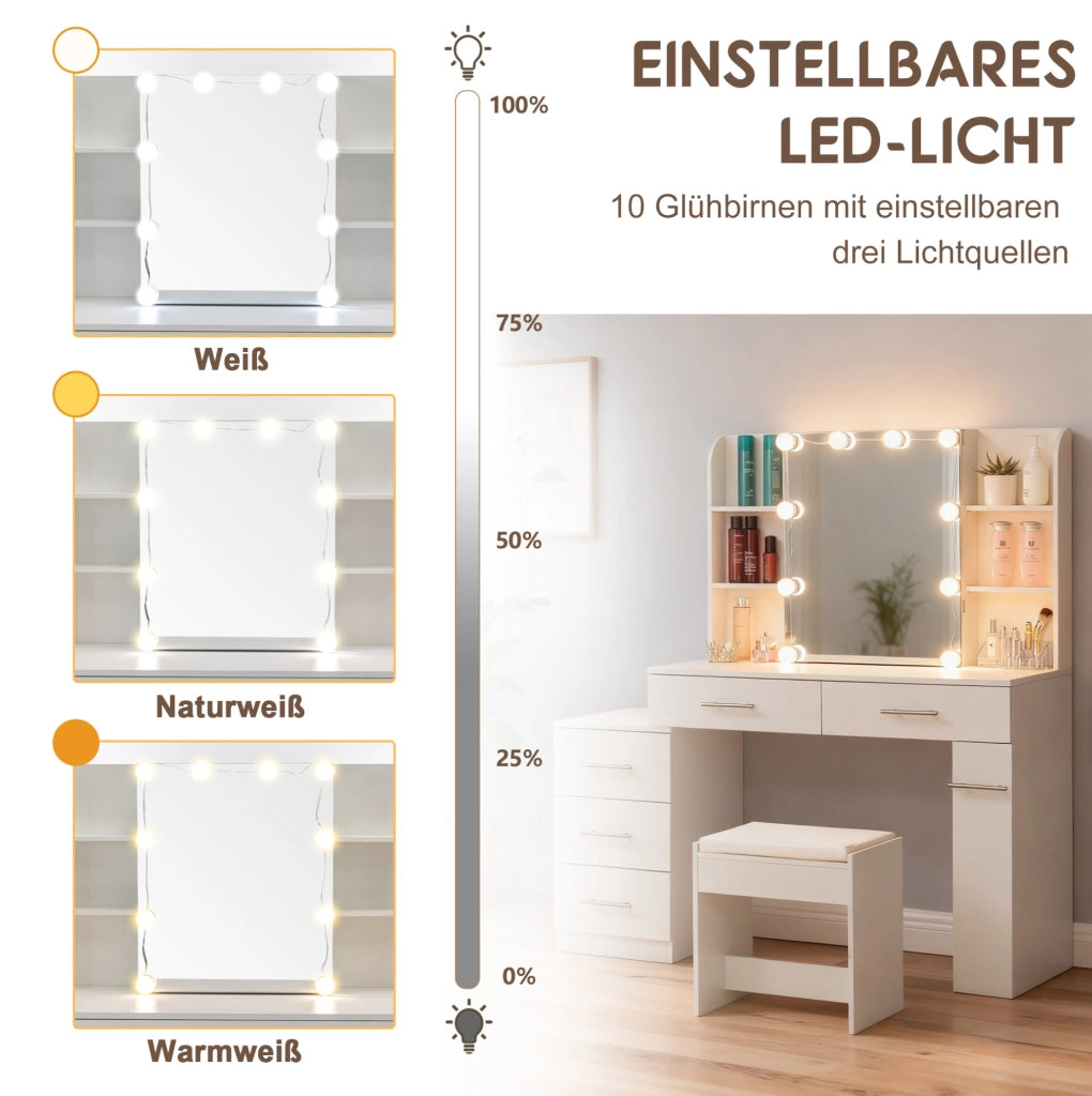 Toeletta trucco bianca in MDF 100x40;5x136 cm con specchio LED; cassetti e sgabello