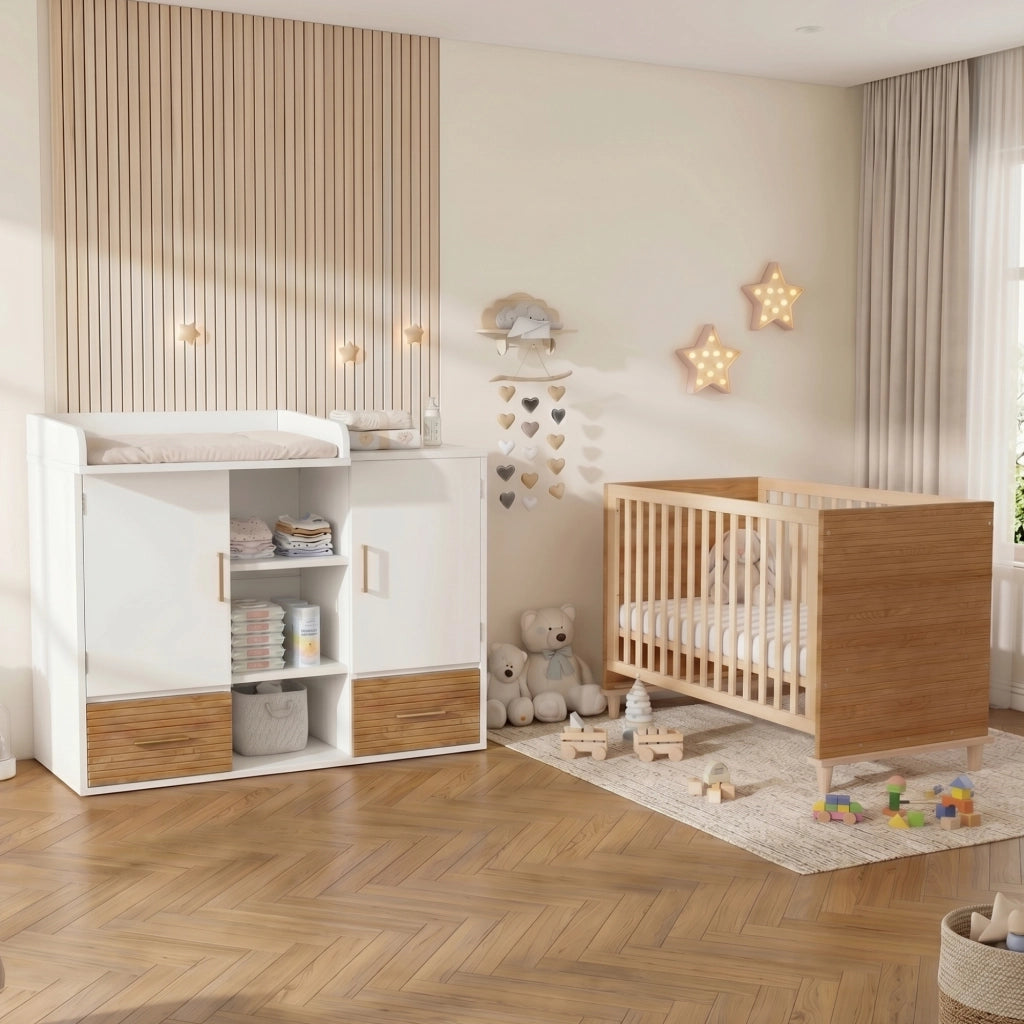Desviae Fasciatoio con lettino a sbarre in legno e MDF naturale e bianco per cameretta