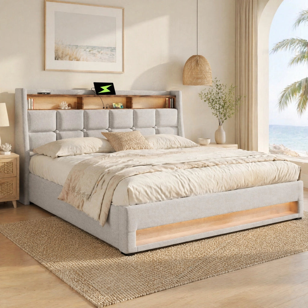 Letto imbottito 160x200 cm beige con LED, USB e vano contenitore
