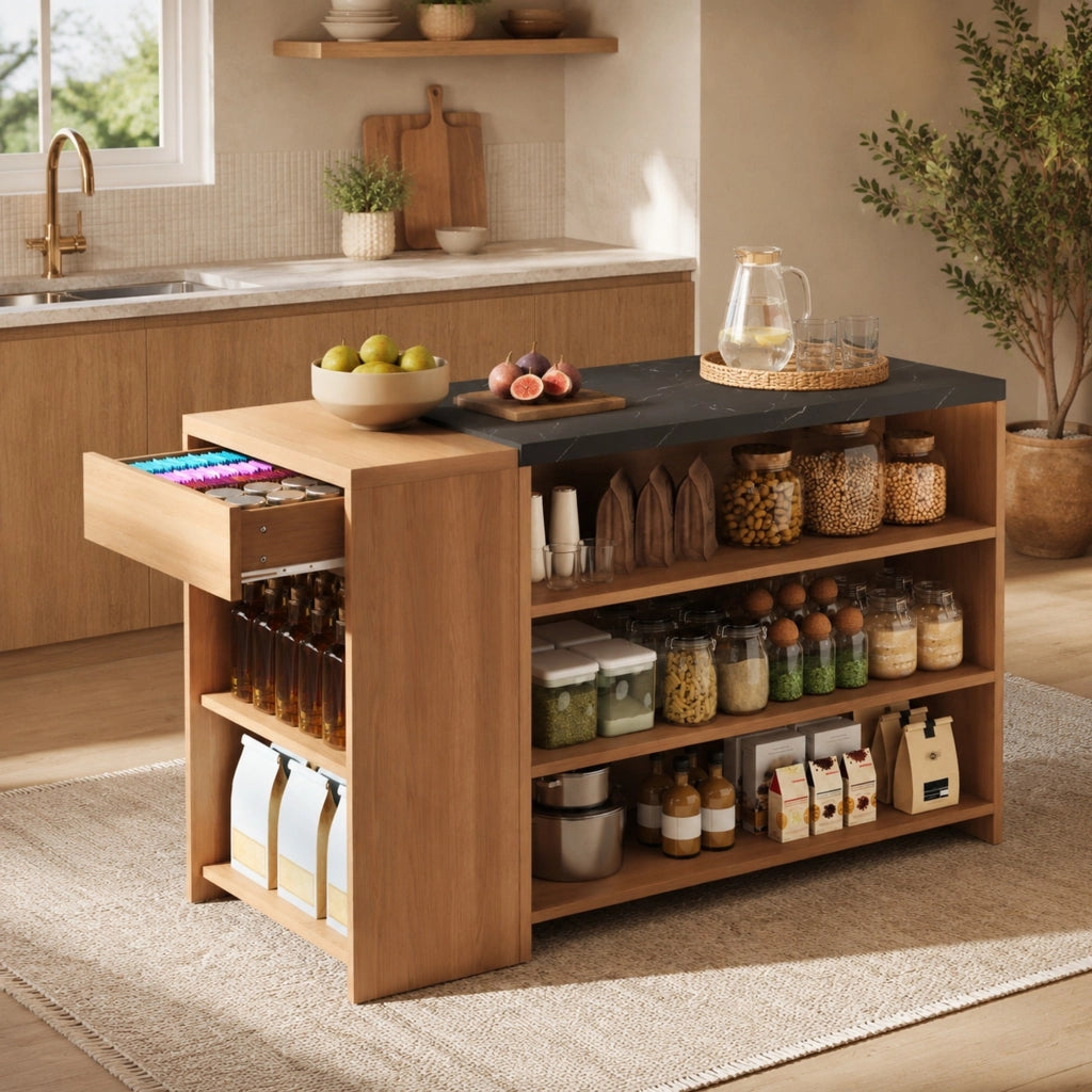 Isola cucina con piano ampio e spazio contenitivo; 140x60x90 cm; nero naturale