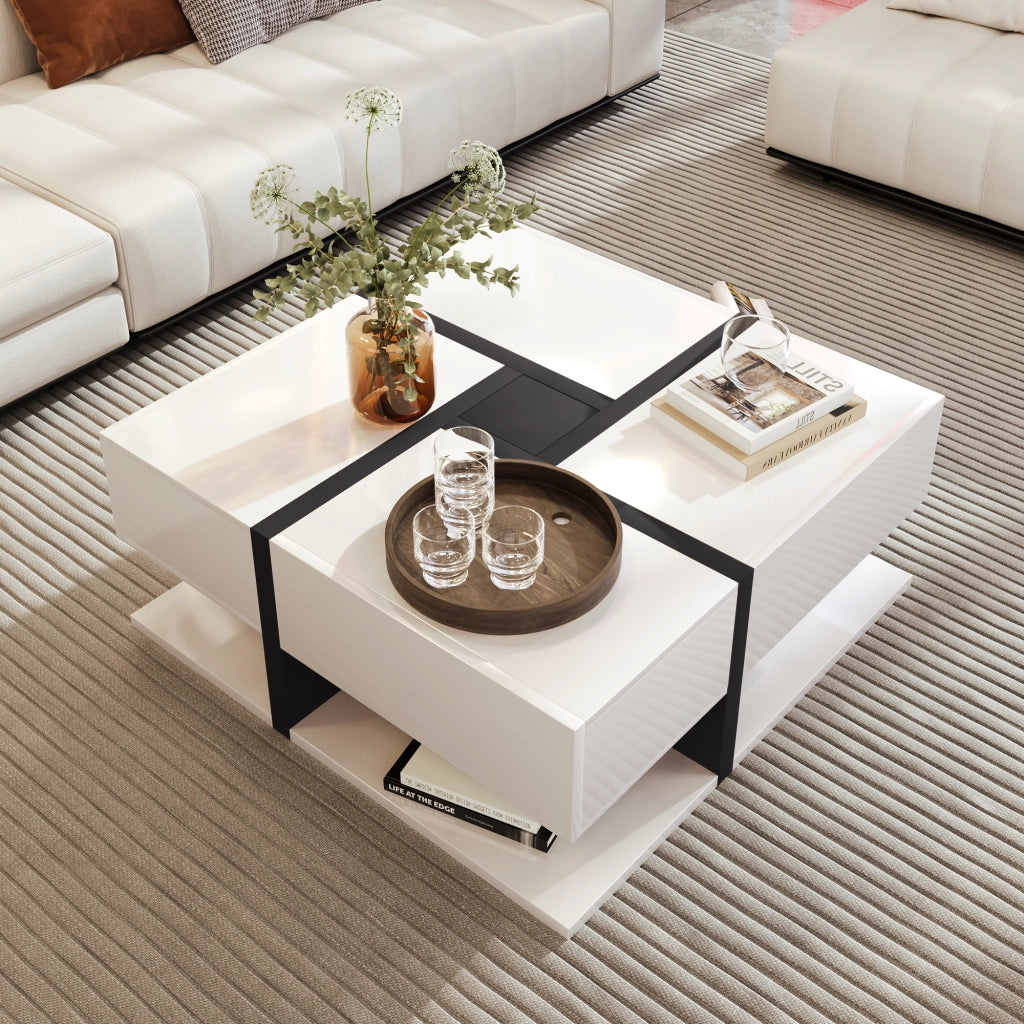 Tavolino da salotto quadrato con 4 cassetti e ripiano inferiore, finitura lucida, truciolare bianco, 78 × 78 × 36 cm