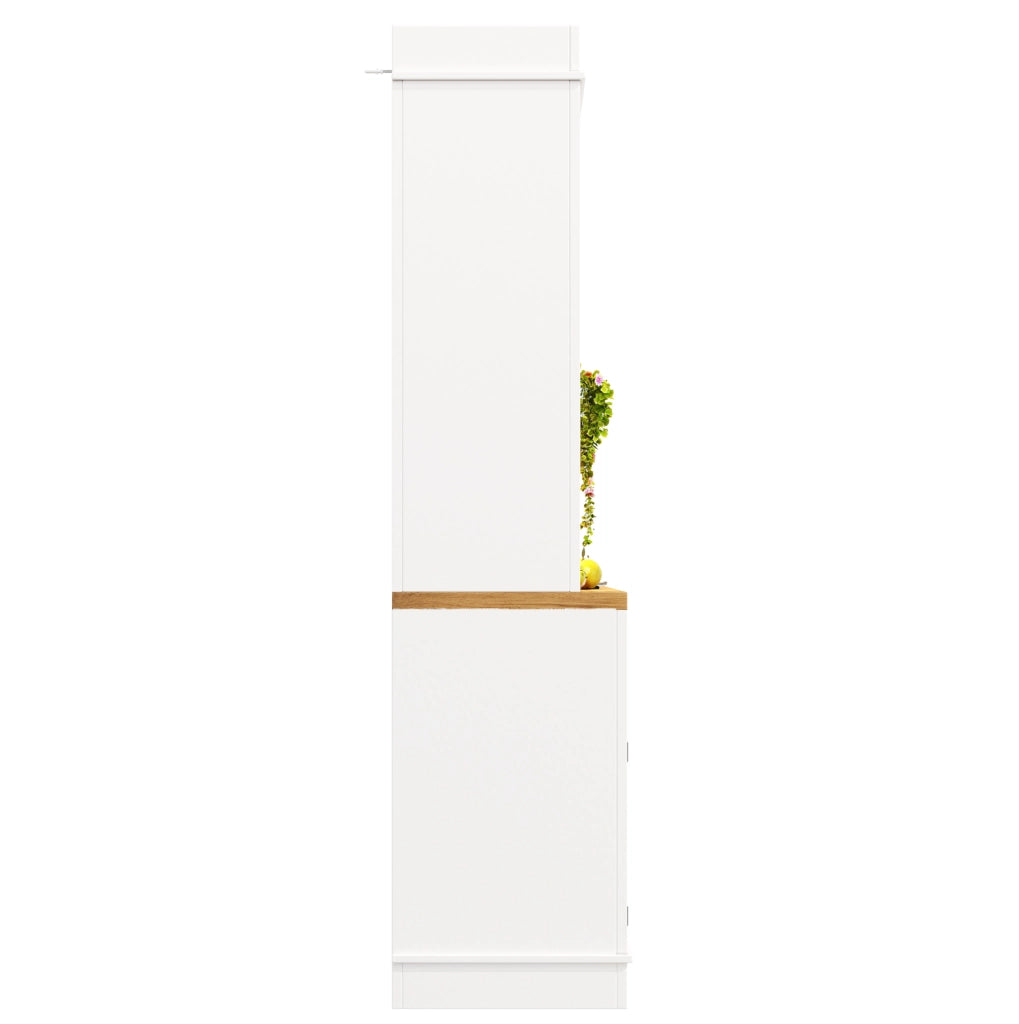 Hochschrank Weiß mit LED-Beleuchtung, Glasregal und Hakenleiste, 184 cm hoch, belastbar bis 60 kg