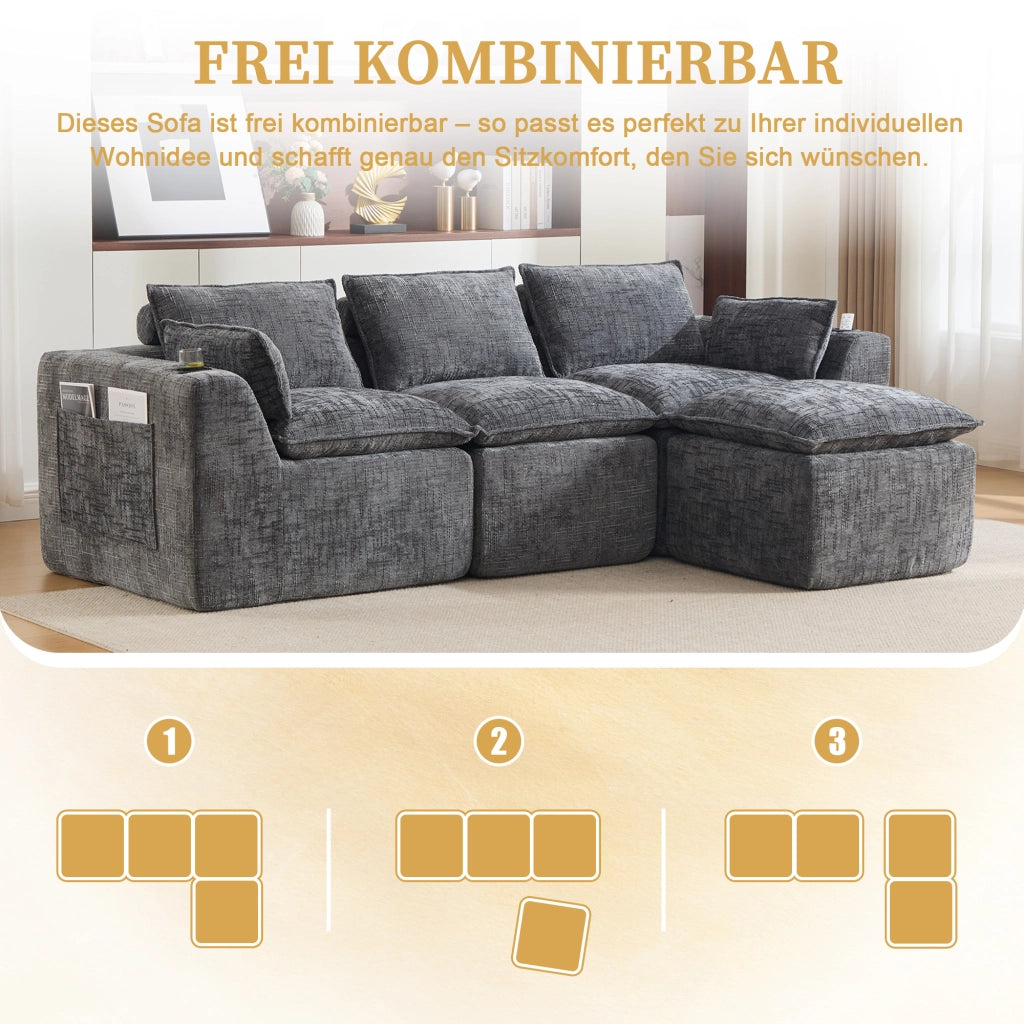 Divano modulare in ciniglia grigio scuro con tasche laterali cuscini e pouf 256 × 161 × 75 cm