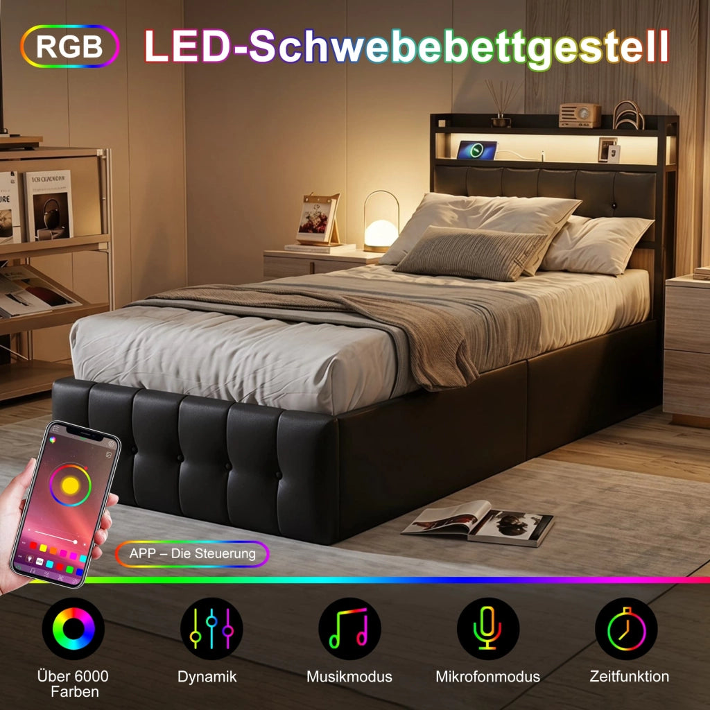 Letto Singolo 90x200 cm; Letto Contenitore Idraulico Imbottito; Luci LED e Porta USB; Struttura Letto in PU; Nero; Senza Materasso